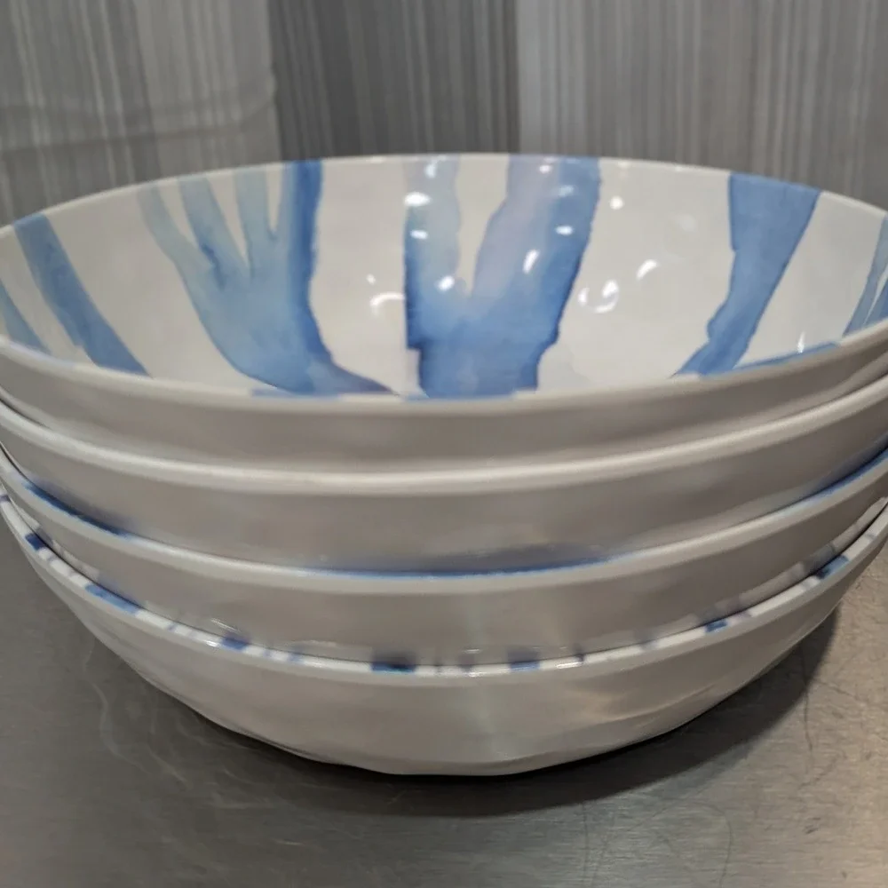 Max Studio Home Melamine Pasta Bowl Set 4 Blue White Watercolor Abstract Dot 8in